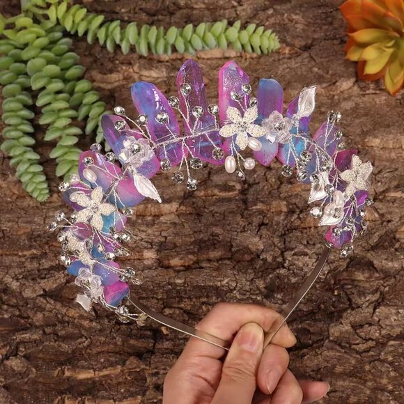 Raw Crystal Headband with Pearl Flowers, Quartz Rhinestone Bridal Tiara Crown He - Picture 5 of 6